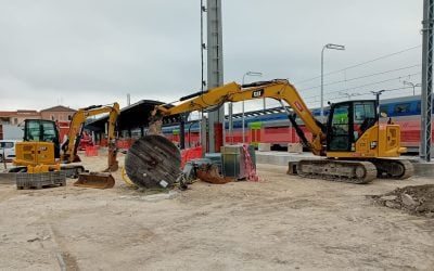 Yellow Caterpillar CAT 309 and CAT 305 crawler excavators for hire from Alayan Rentals working on a railway infrastructure site