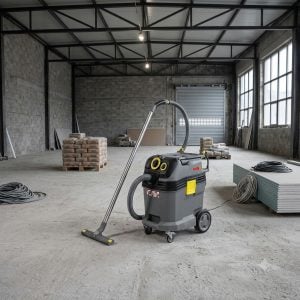 40L industrial dust and liquid vacuum cleaner for rent by Alayan Rentals positioned in the center of a job site