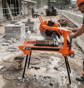 Operatore di cantiere al lavoro con un banco taglia mattoni elettrico Clipper CM42 a noleggio Alayan Rentals per il taglio ad acqua di blocchi in cemento