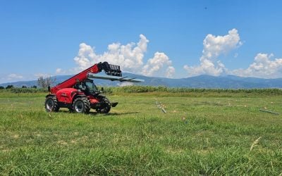 Sollevatore telescopico rosso a noleggio Alayan Rentals al lavoro in un campo agricolo