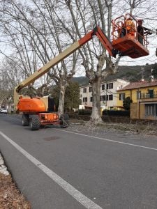 Orange JLG 450AJ articulated boom lift operating for high tree pruning for rent – Alayan Rentals