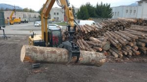 Forestry log grapple mounted on a Caterpillar CAT tracked excavator lifting a log for rent – Alayan Rentals
